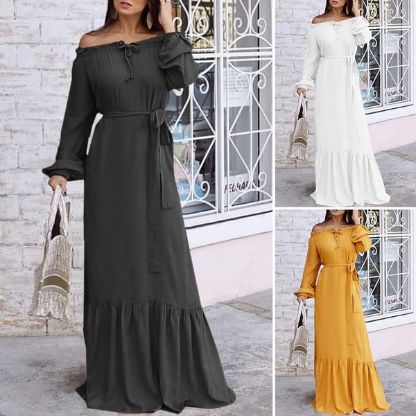 Plus Size Women Elegant Formal Dress Solid Color Sexy Off Shoulder Maxi Dress Long Sleeve Pleated Dress Holiday Party Evening Dresses - BlackFridayBuys