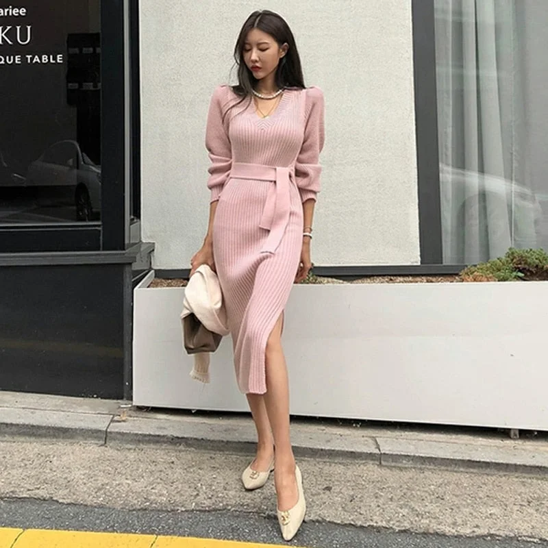 BGTEEVER Sexy V-neck Lace Up Women Sweater Dress Elegant Side Split Autumn Winter Dress Female Sheath Knit Jumpers Vestidos 2019