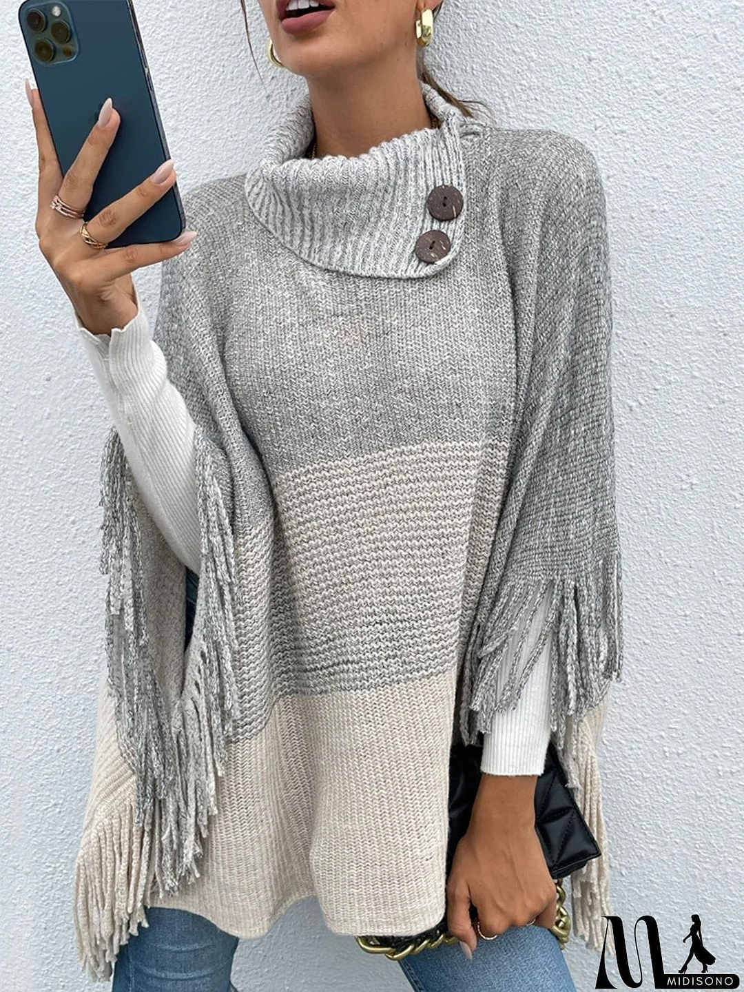 MidiSono - Color Block Fringed Sweater