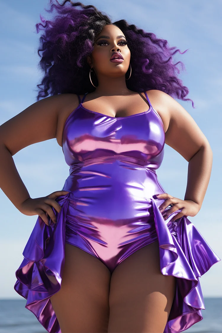 Xpluswear Design Plus Size Beach Purple Cami Ruffle Glitter One Pieces Swimwear [Pre-Order]