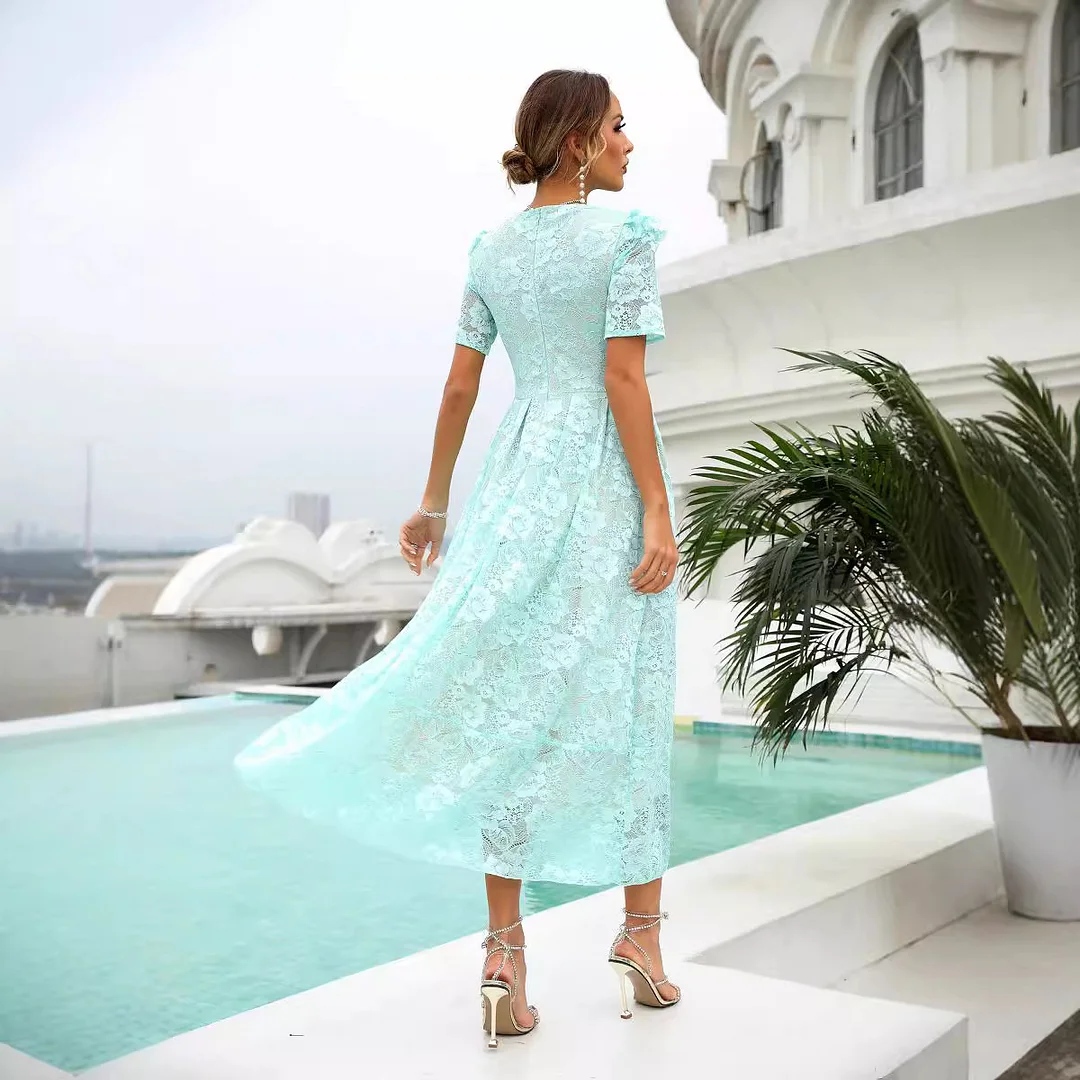 Uveng Uveng New Dress Spring Lace Mid-Swear Temper Commuting High-Waisted Green V-Neck Dress