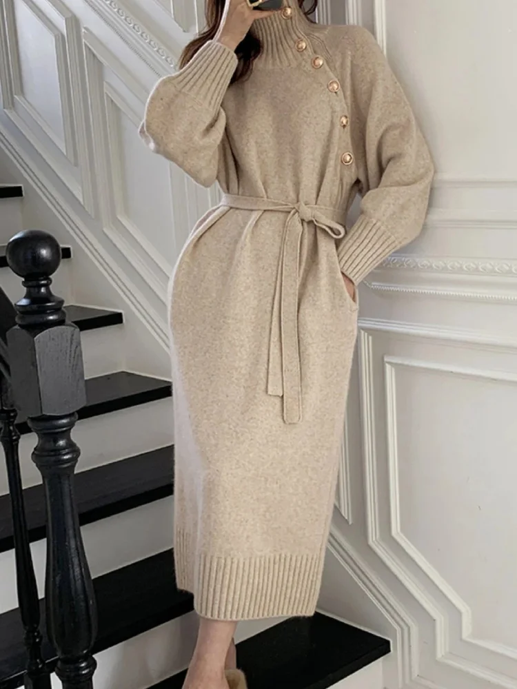 Women's Retro High Neck Fashion Casual Loose Warm Knitted Dress