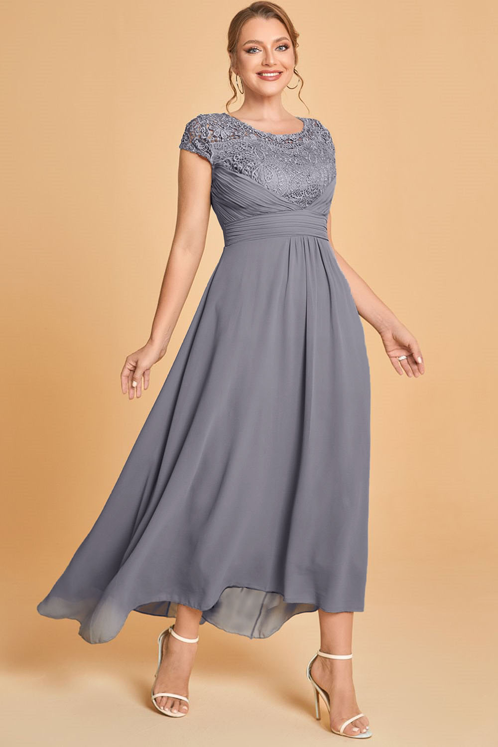 Flycurvy Plus Size Mother Of The Bride Steel Grey Chiffon Lace Fold Cap Sleeve Asymmetrical Hem Tunic Empire Waist Maxi Dress 2024 - Flycurvy 