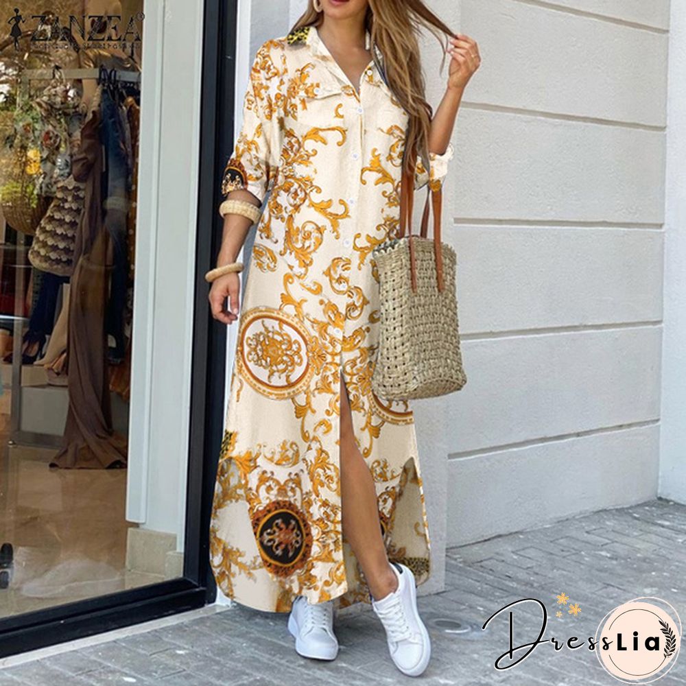 S-5XL Womens Kaftan Dress Chains Printed Side Fork Casual Loose Long Wedding Holiday dress