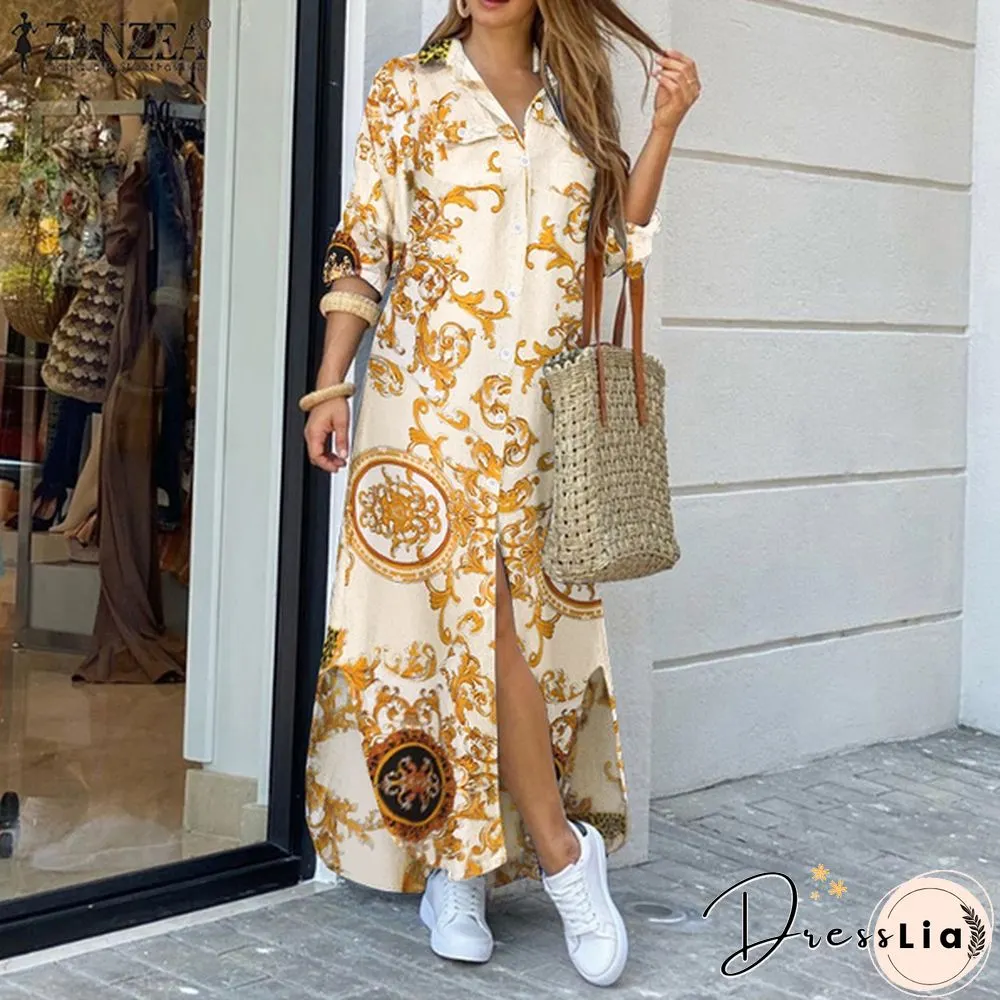 S-5XL Womens Kaftan Dress Chains Printed Side Fork Casual Loose Long Wedding Holiday dress
