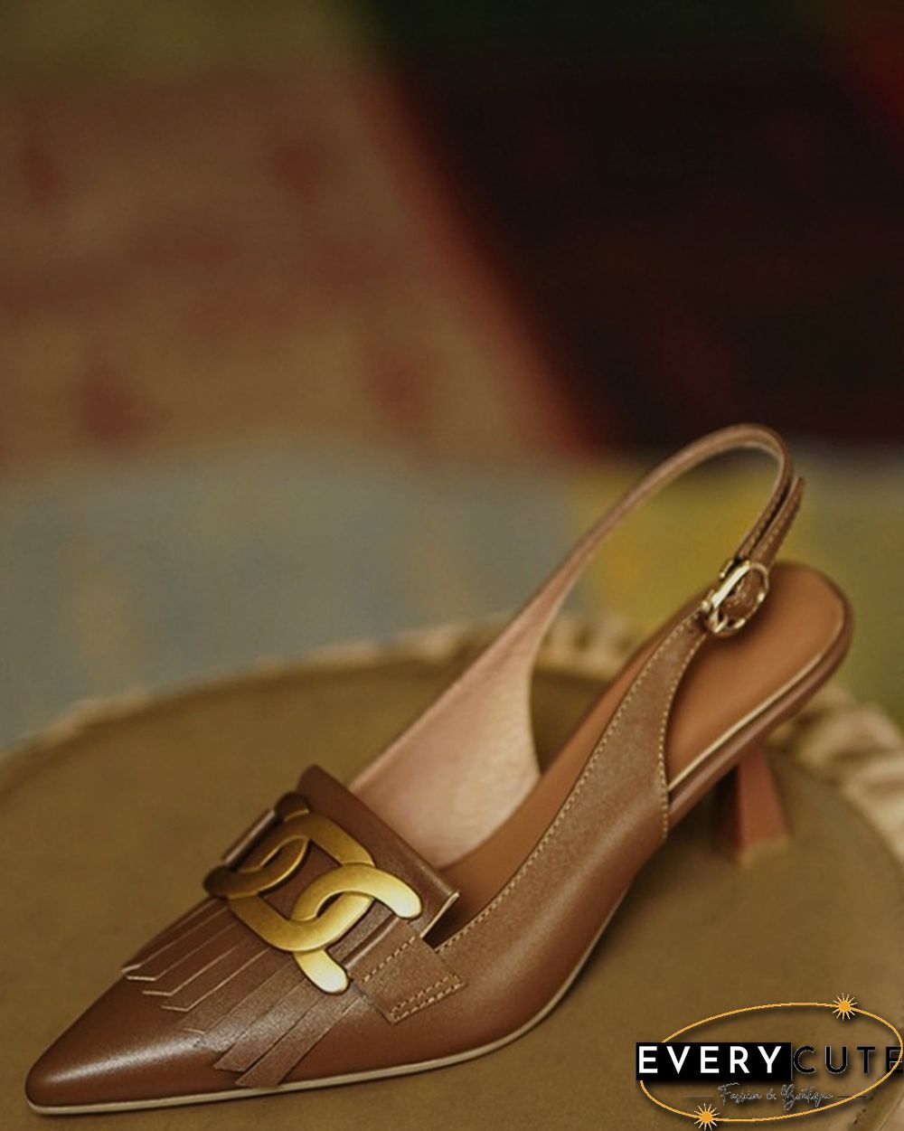 Pointed-toe Solid Color Splicing Tassel Buckles PU Leather High Heels