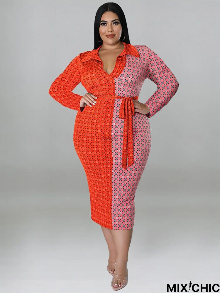 Plus Size Color Block Belted Midi Dresses