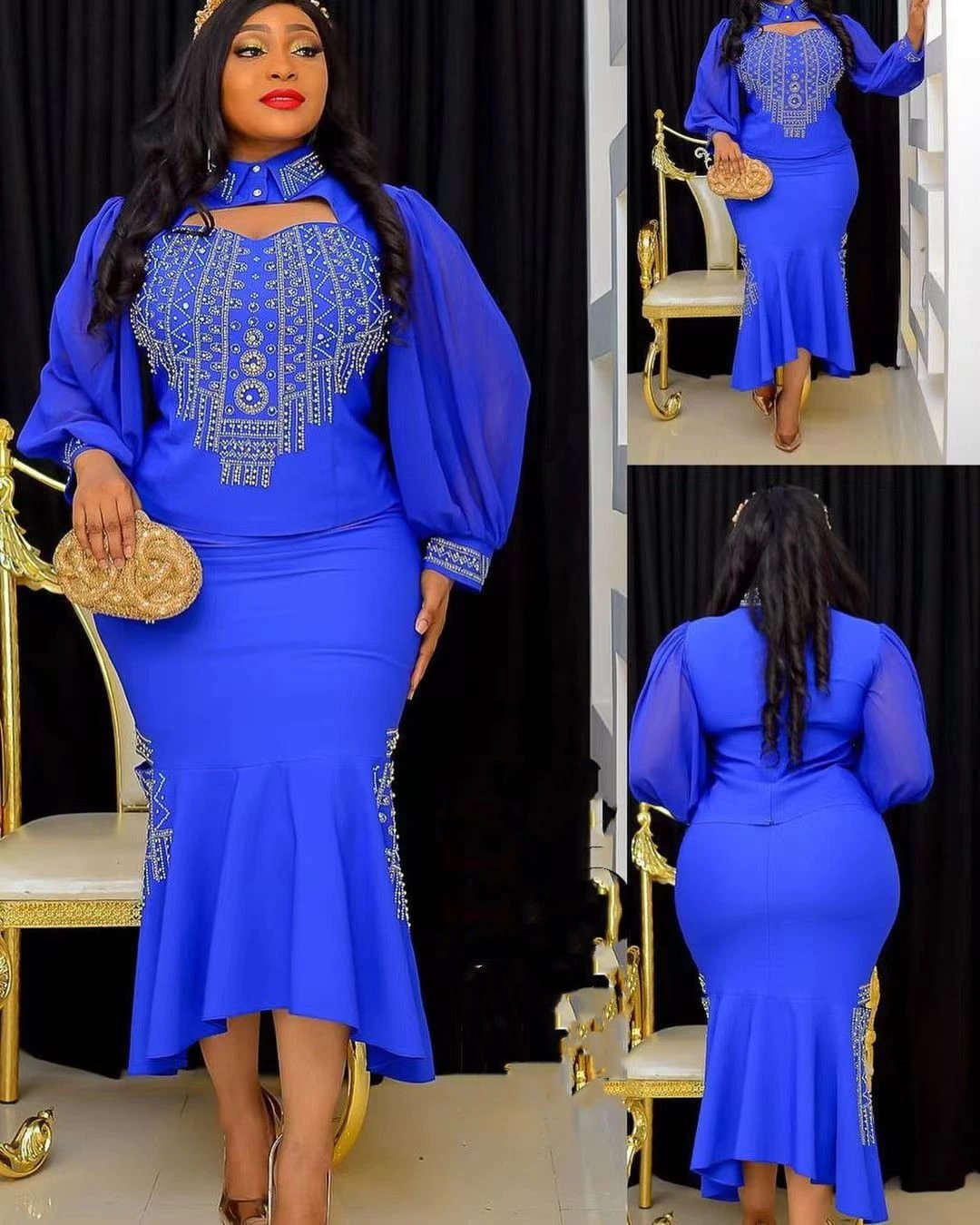 Colourp Plus Size African Clothes for Women 2022 New Dashiki Diamond Tops And Skirts Suits Elegant Turkish Wedding Party Dresses Outfit