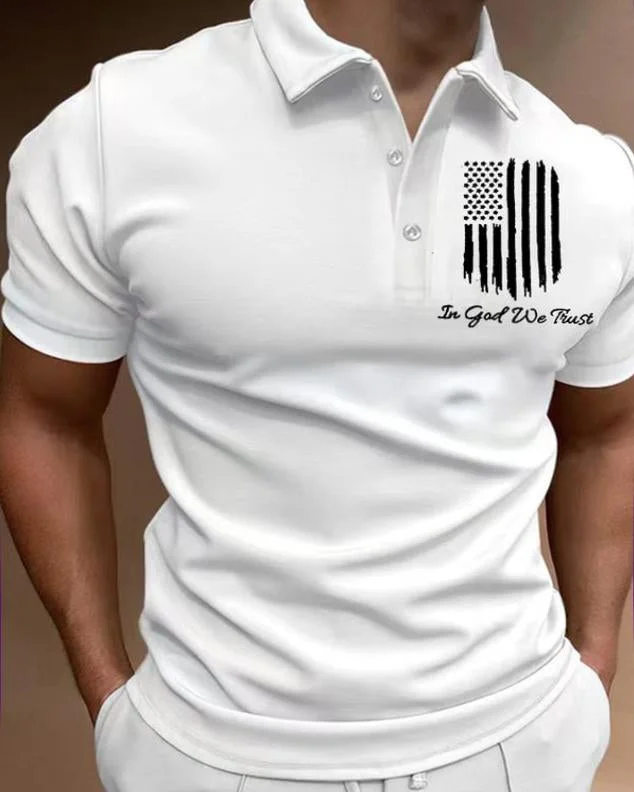 Men's Casual Flag Printed Short Sleeved Polo Shirt at Hiphopee