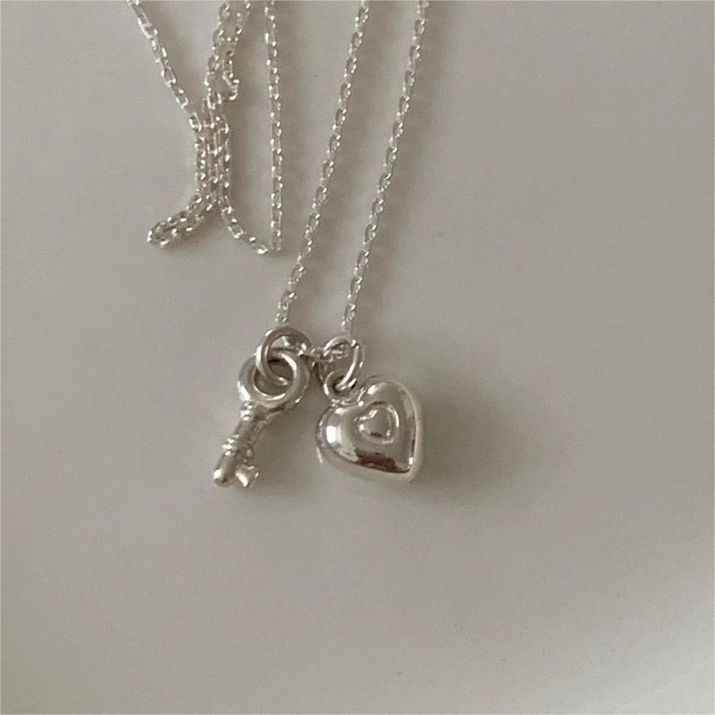 925 Sterling Silver Cable Chain Plating Heart Shape Key Pendant Necklace