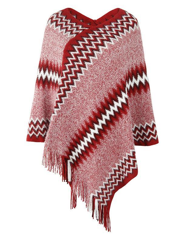Women's V-neck Knit Shawl Fringed Hem Striped Stitching Sweater Top