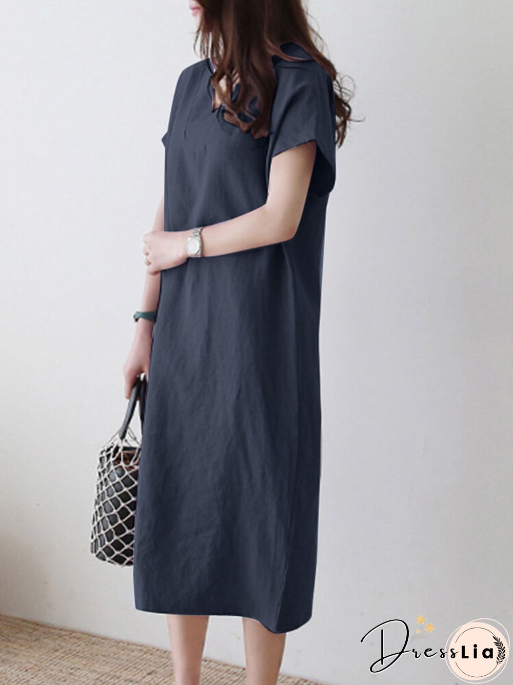 Solid V-neck Short Sleeve Dress For Women