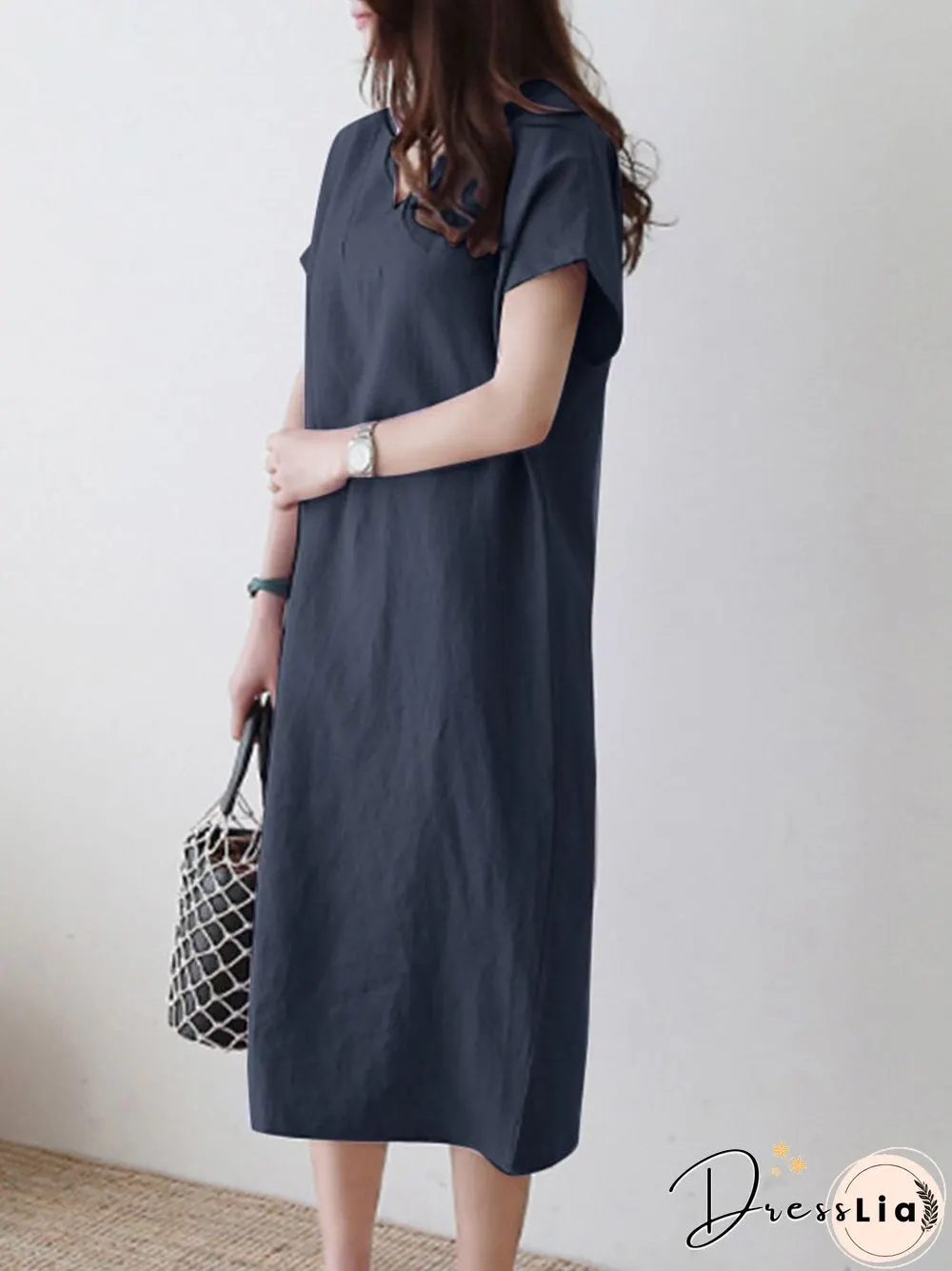 Solid V-neck Short Sleeve Dress For Women