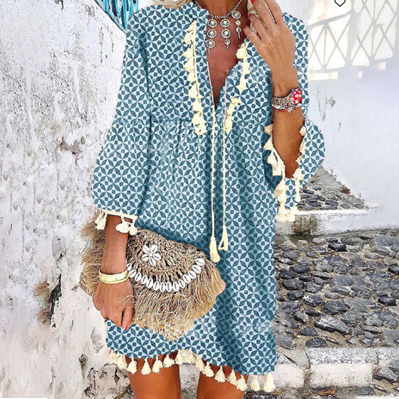 Boho V-neck Print Mini Dress wearshes