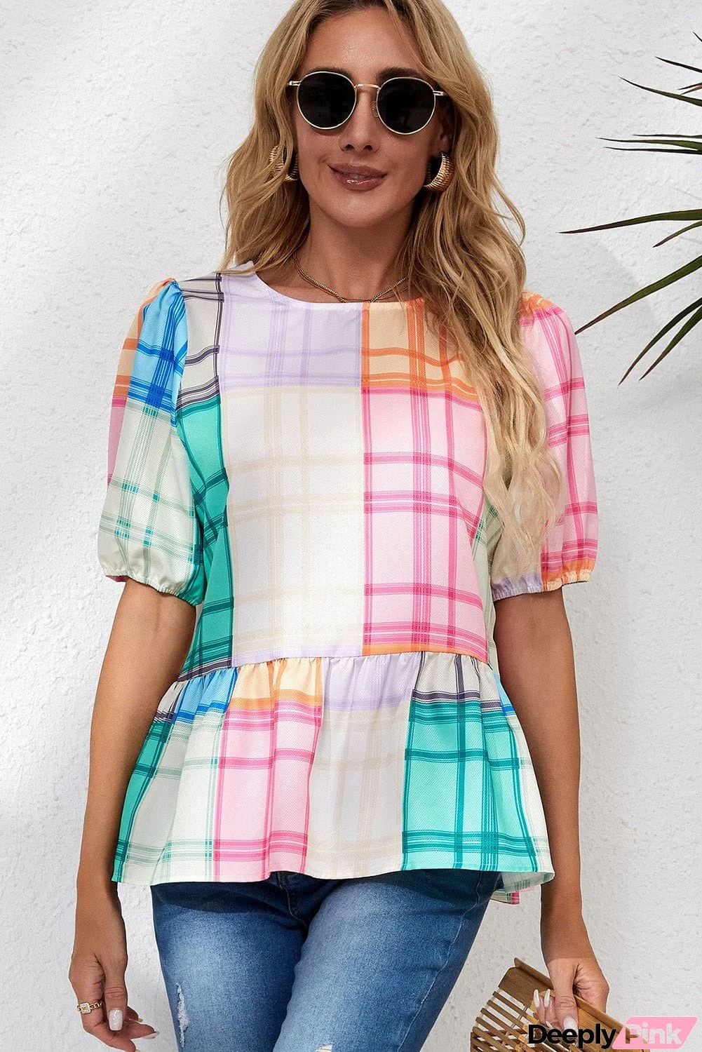 Round Neck Puff Sleeve Plaid Blouse