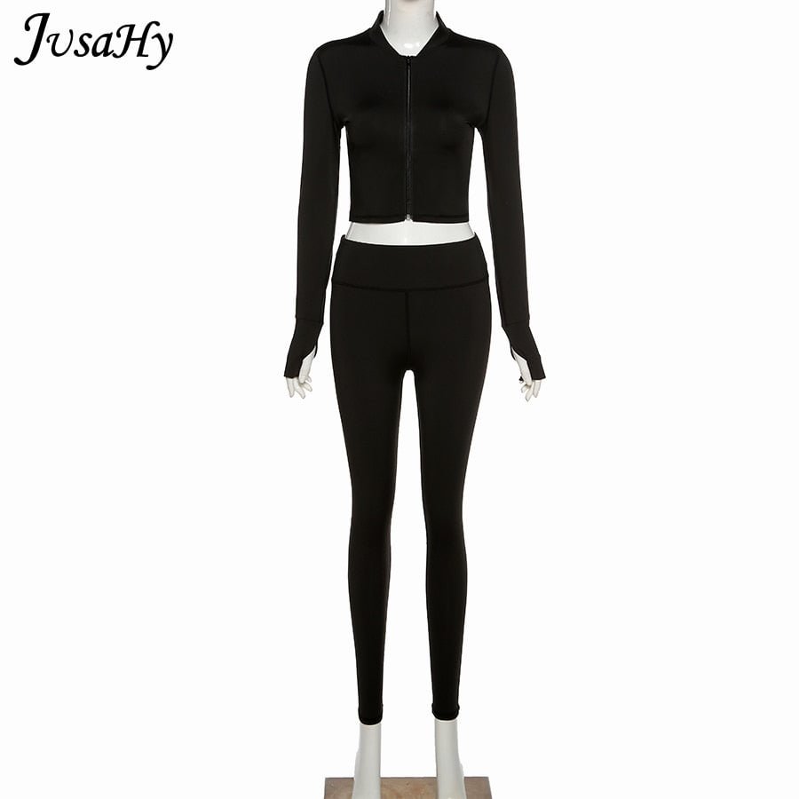 JusaHy Solid Sportywear 2 Piece Yoga Set Women Zipper Skinny Crop Top Leggings Casual Outfit Fitness Workout Gym Clothing Female