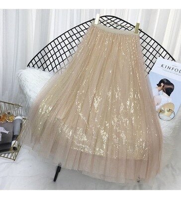 Spring Summer Skirts Women Korea Long Tulle Skirt Sequined Pleated A Line Midi Skirt Chic High Waist Skirt Female