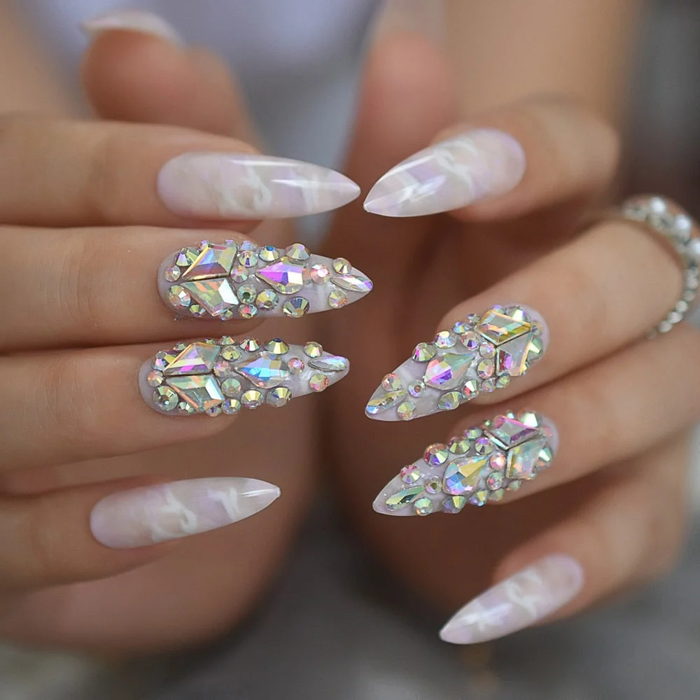 Salon Perfect Artificial Nails 3D Rhinestones Decorative White Nude Faux Ongles Long Ballerina Trapezoid Tips-Nail Inspo