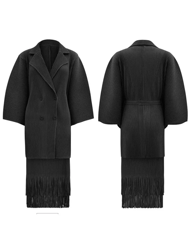 Modern Green V-neck Notched Collar Double-breasted Pleated Coat And Tassel Hem Skirt Set