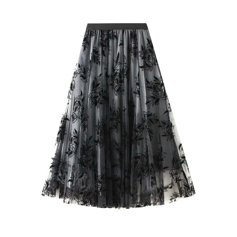 Nigikala Nigikala Yarn Dress Women's Half-Dress Autumn And Winter Long A Word Big Smash Flower Net White Skirt 1819