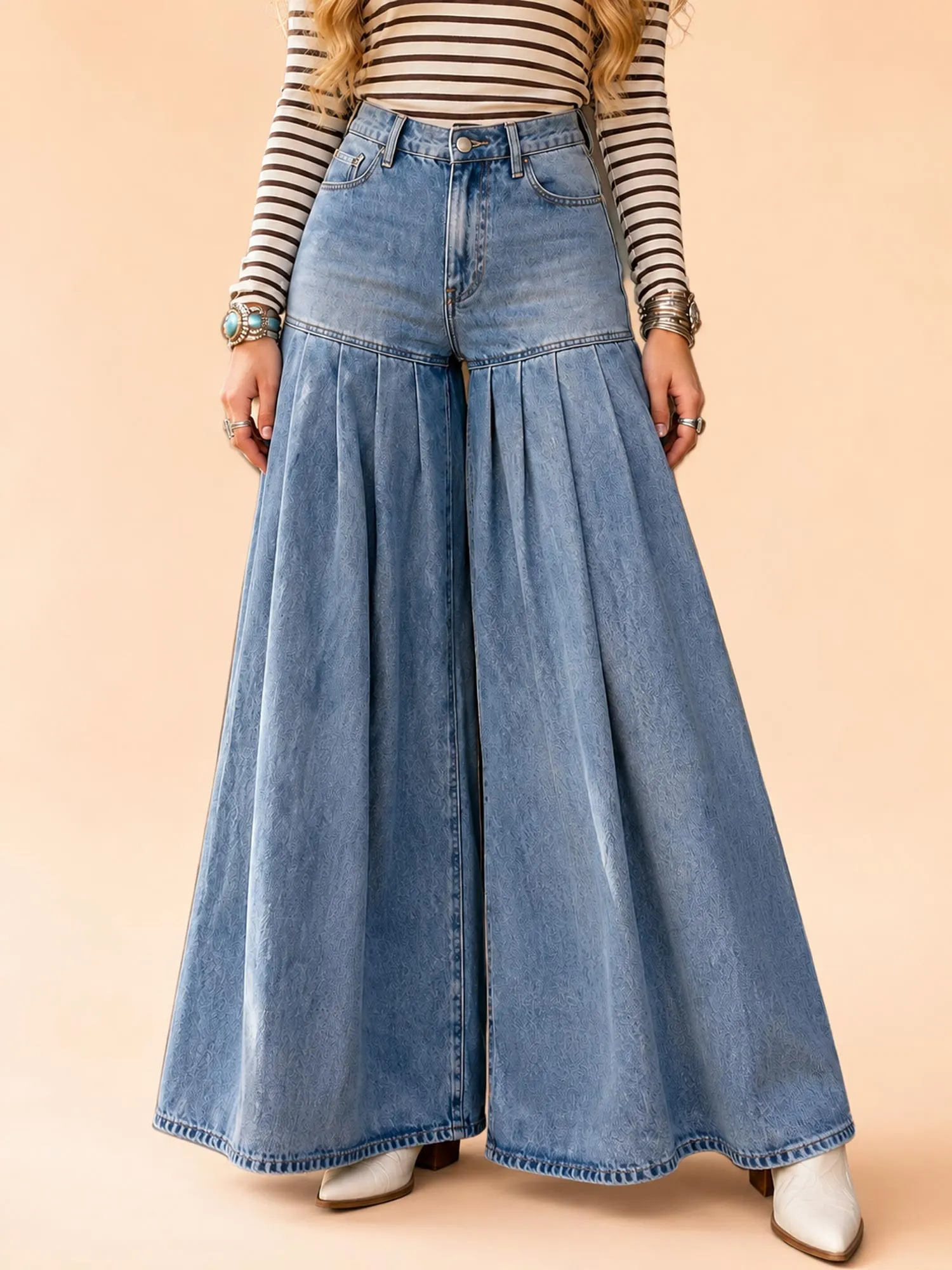 Perfect for a Ranch Holiday &mdash; Light Wash Pleated Ultra-Wide-Leg Denim Pants
