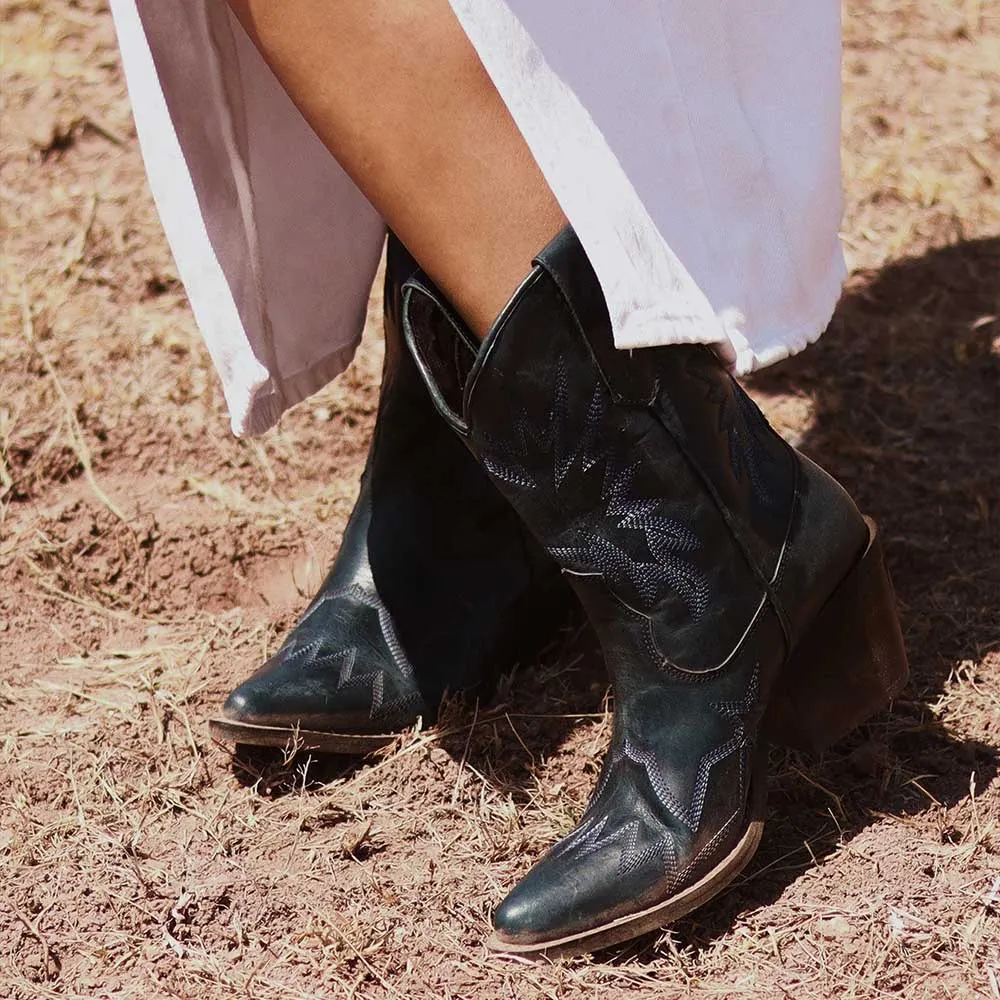 Navy Faux Leather Pointed Toe Chunky Heel Embroidered Cowgirl Boots 