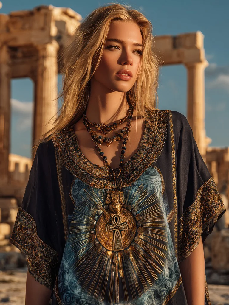 Ancient Egyptian Sun And Ankh Embroidered Cotton And Linen T-shirt