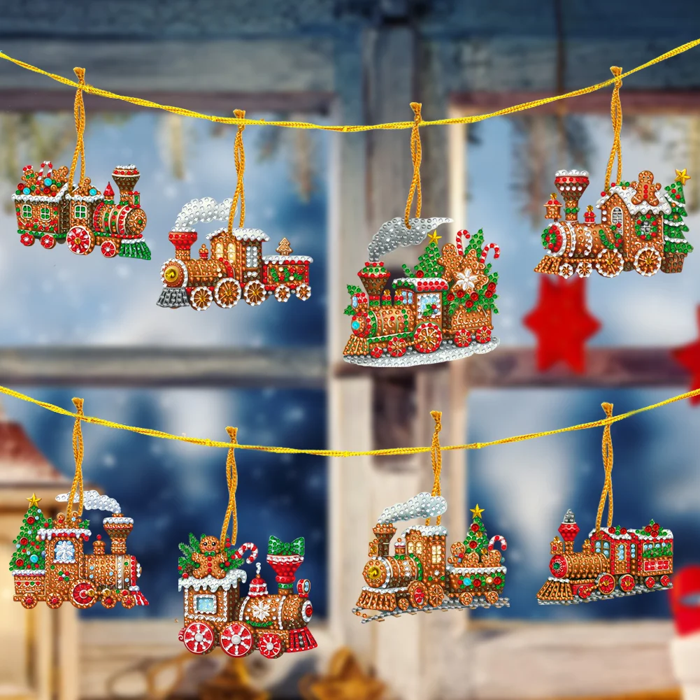 8Pcs DIY Christmas Train Acrylic Special Shaped Christmas Theme Diamond Painting Hanging Decorations