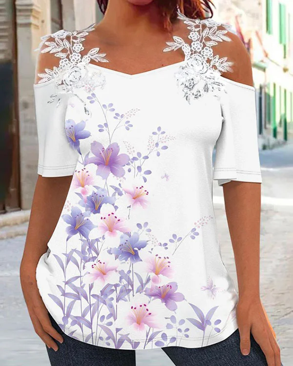 Lace-paneled Off-the-shoulder Floral Short-sleeved Top