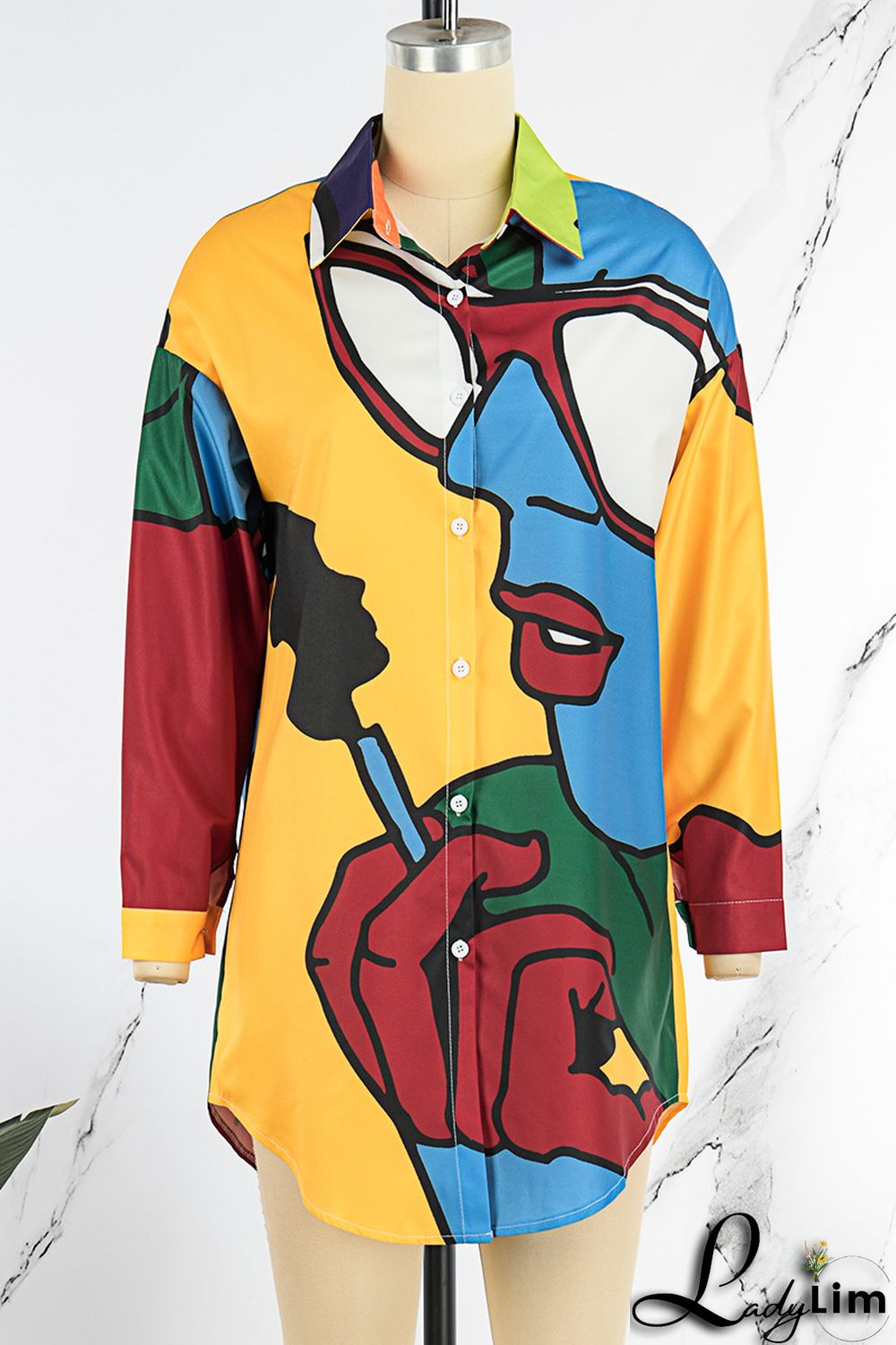 Purple Green Casual Street Print Patchwork Buckle Turndown Collar Tops