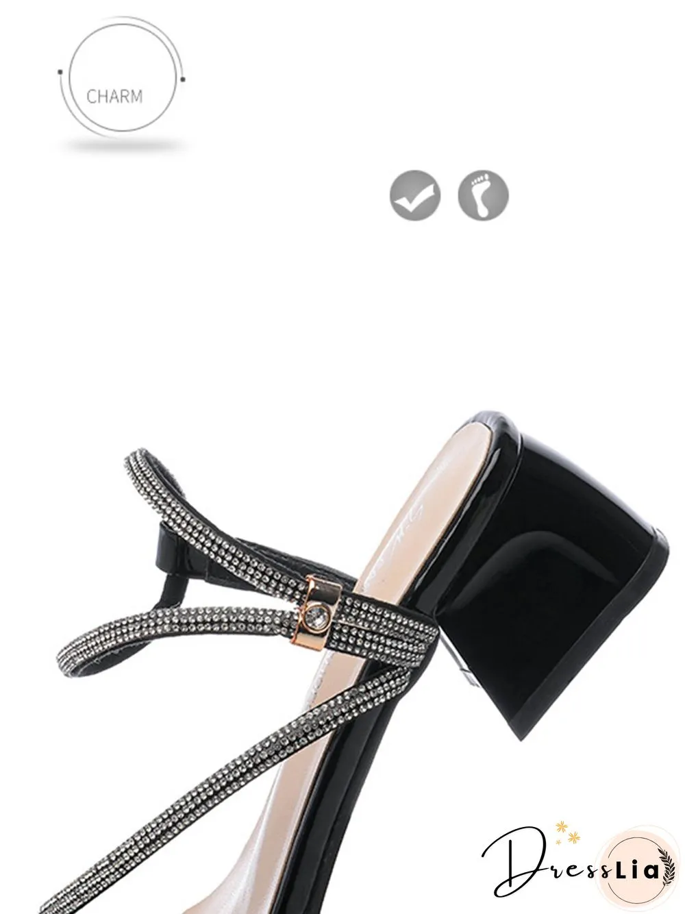 Rhinestone Thin Strap Chunky Heel Sandals