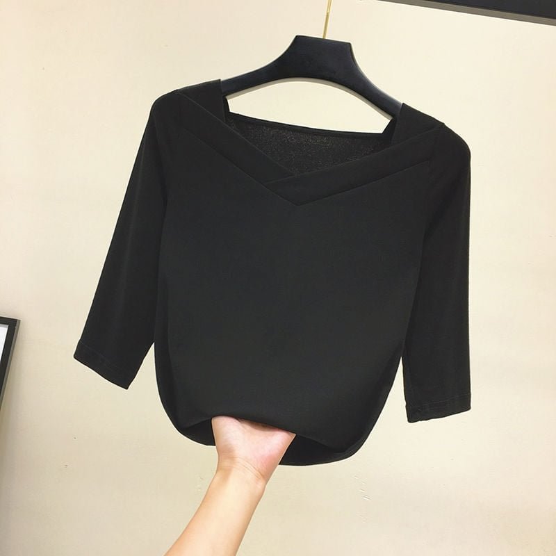 Vintage T Shirt Woman Black Solid Color Half Sleeve T Shirt Femme Square Collar Ladies Top Casual