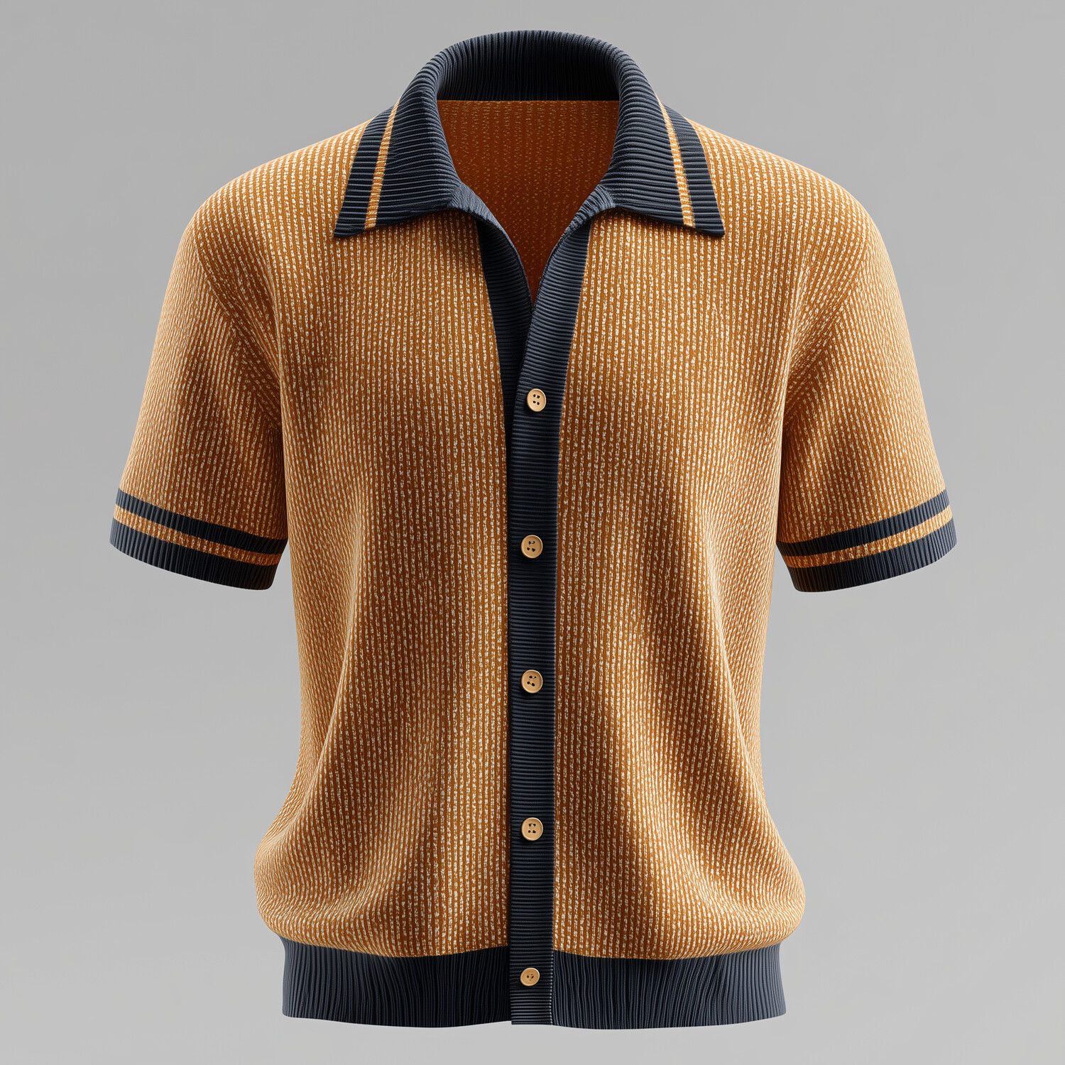 Men's Textured Knit Colorblock Striped Turndown Collar Short Sleeve Shirt