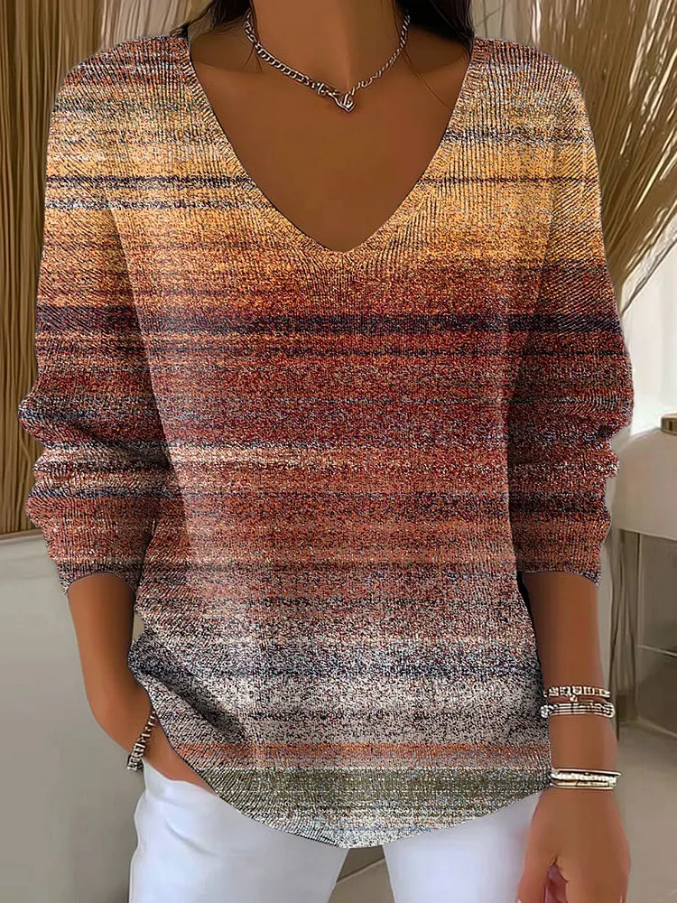 Women's Autumn Gradient Striped Casual Pullover Sweater