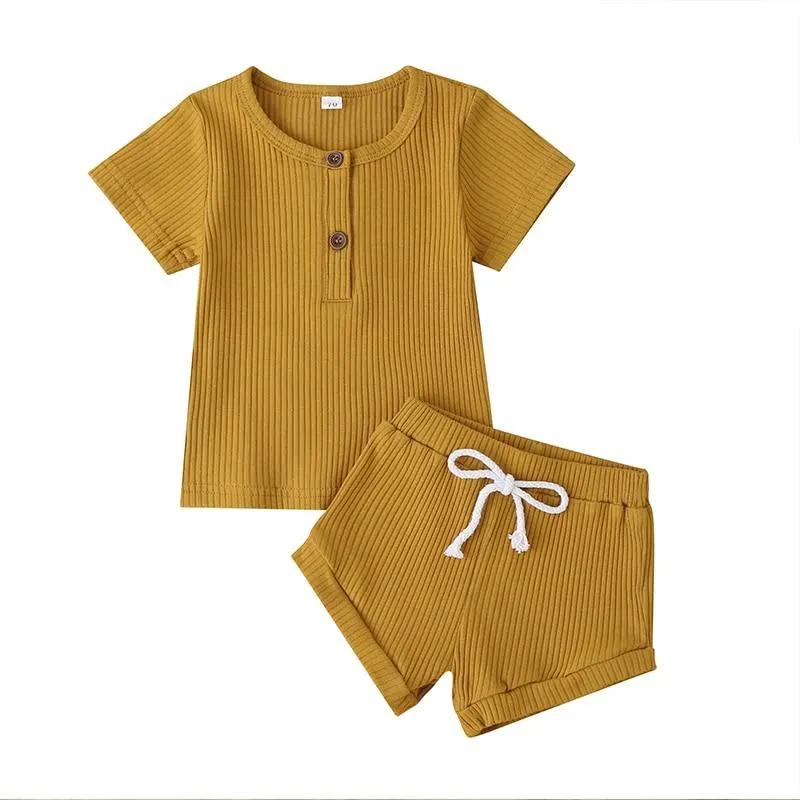 2020 Baby Summer Clothing Child Infant Baby Girls Boys Clothing Short Sleeve Solid Color Ribbed Top T Shirt Shorts Clothes