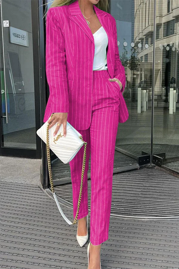 Striped Notched Lapel Commuting Pant Suit