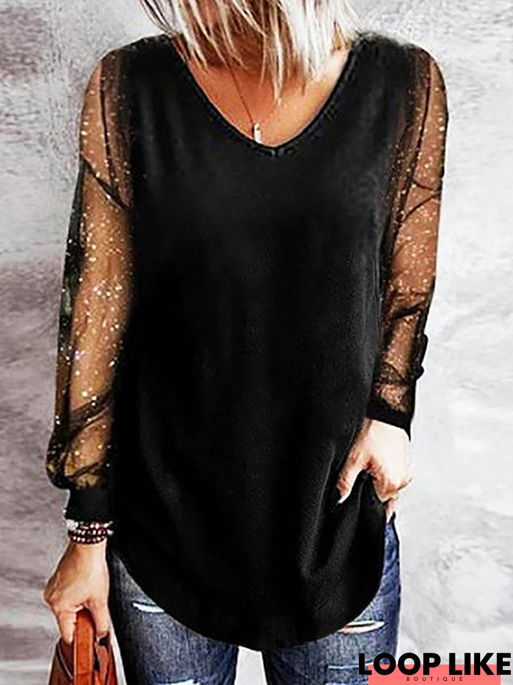 V Neck Casual Sequins Tunic T-Shirt