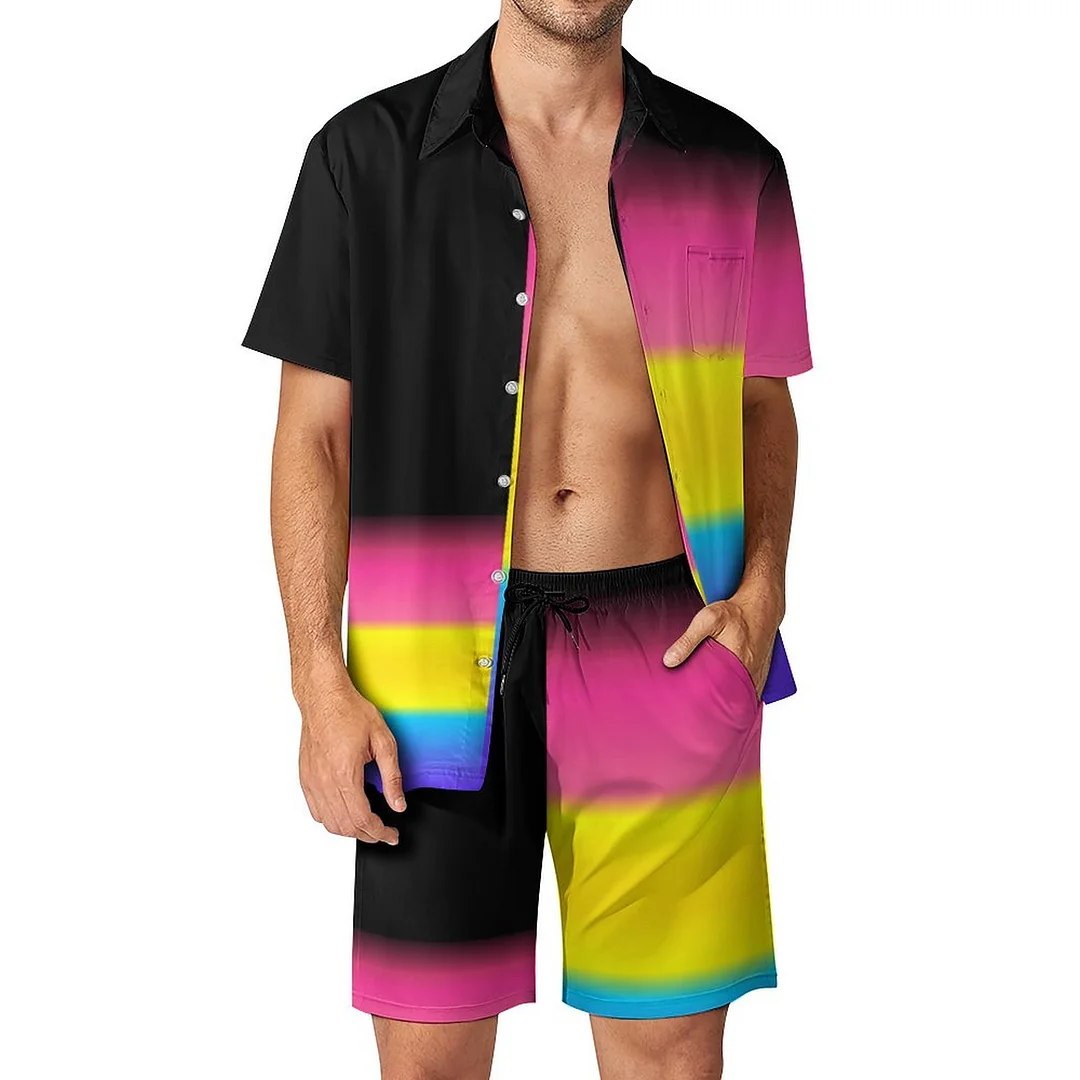 Asymmetric Pan Pansexual Pride Flag Men Hawaiian 2 Piece Outfit Button Down Beach Shirt Shorts Set Tracksuit with Pockets
