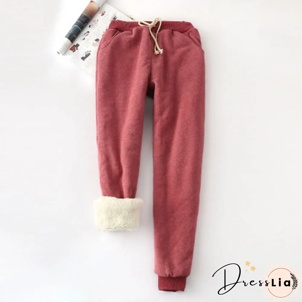Winter Lambskin Thicker Elastic Waist Pants Loose Solid Color Cotton Harem Pants Women Casual Warm Trousers