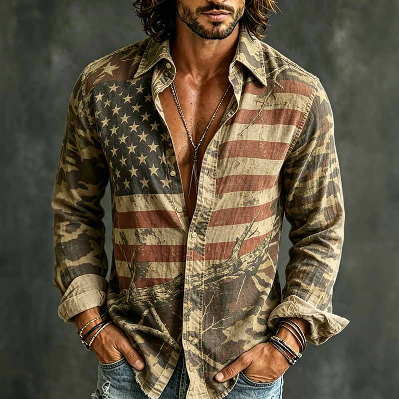  Men's Retro Independence Day Flag Patchwork Art Casual Shirt Westsshops