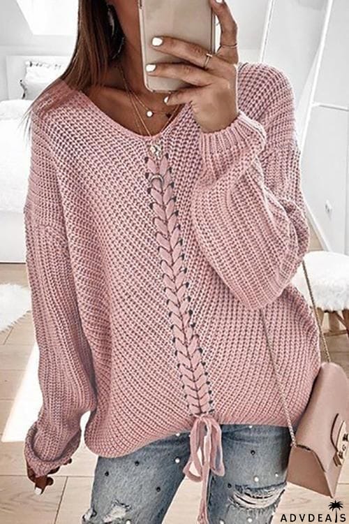 V Neck Lace Up Sweater