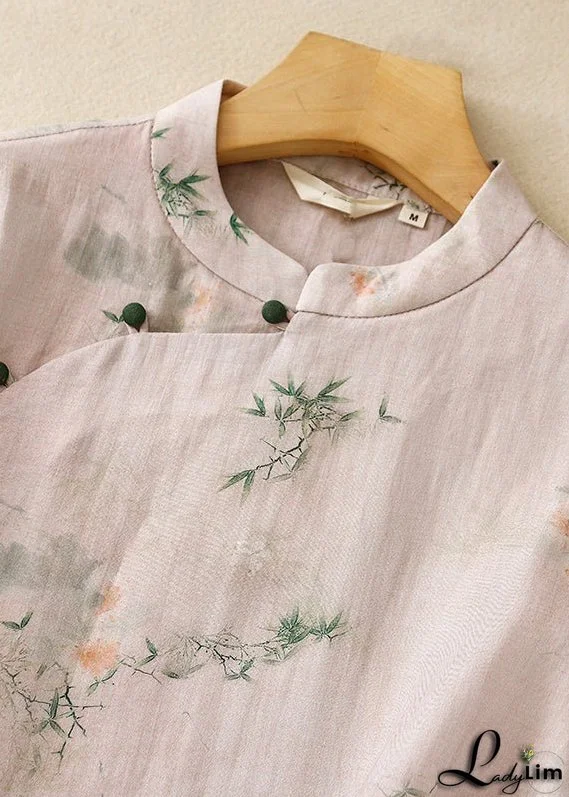 Casual Versatile Pink Stand Collar Print Cotton Shirts Summer