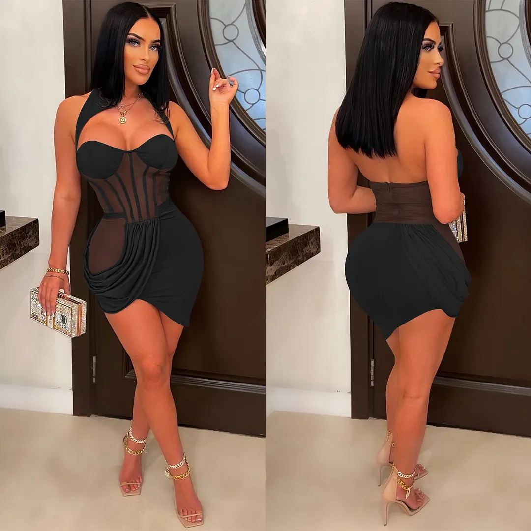 Churchf Churchf New Pure Color Mesh Gauze Perspective Wrapped Chest Wrinkles Irregular Short Dress Dress Female