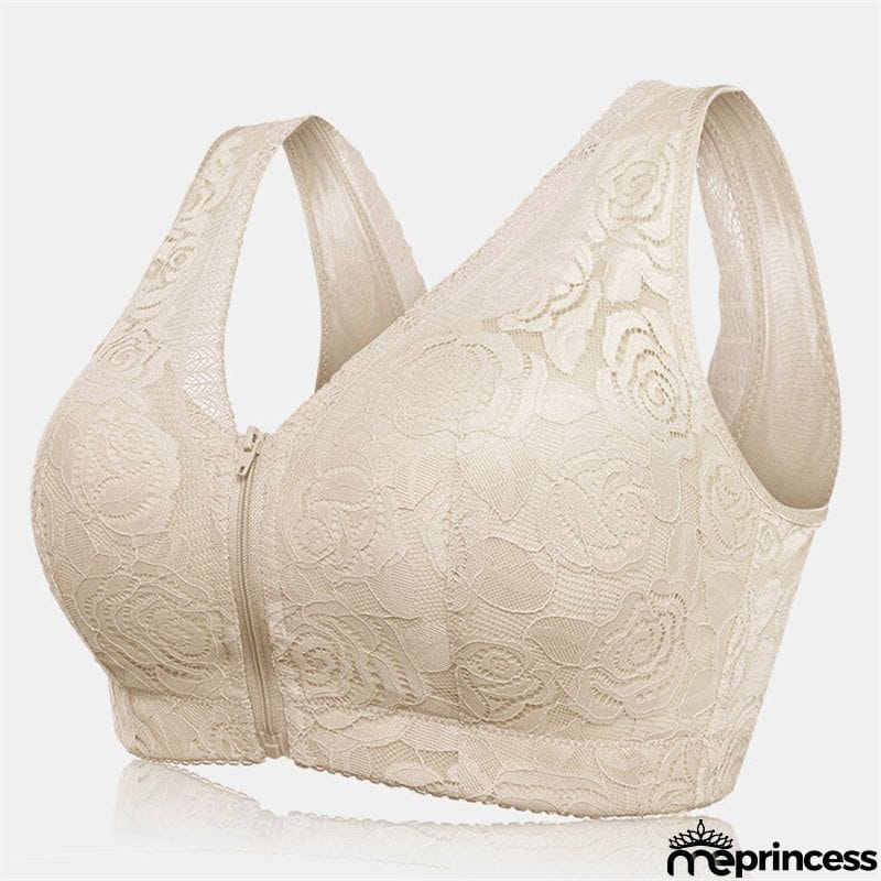 Wireless Rose Lace Front Zip Soft Cotton Lining Sleep Bras - Green