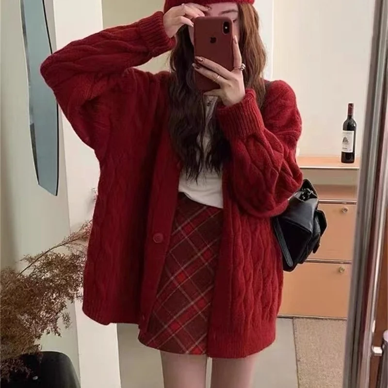 Churchf Churchf Twist Sweater Coat Female Loose Lazy Wind V-Neck Long Sleeve Autumn Winter Korean Version Knit Cardigan Female Thick Money