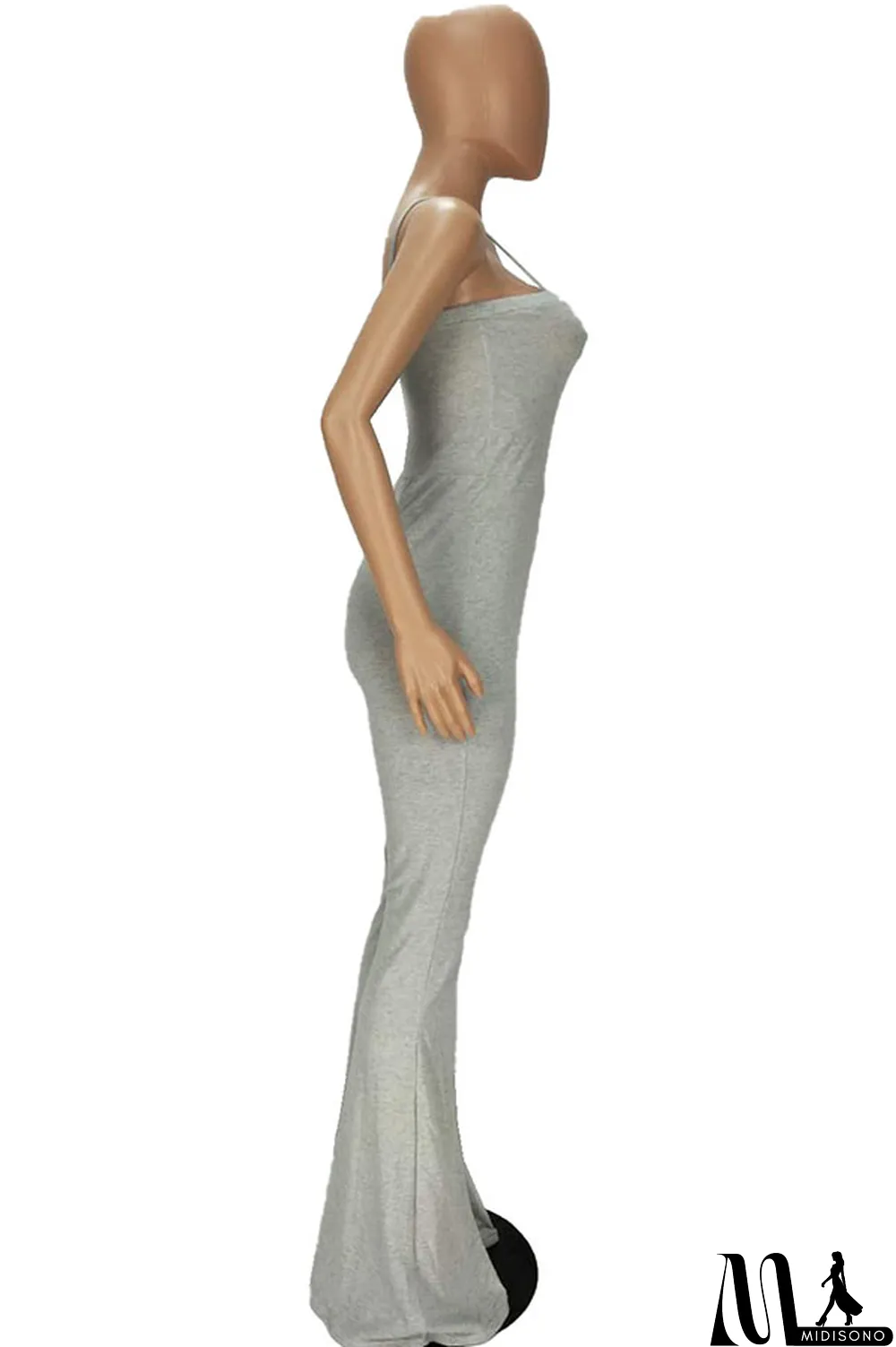 MidiSono - Dark Gray Fashion Sexy Solid Cotton Sleeveless Slip Jumpsuits