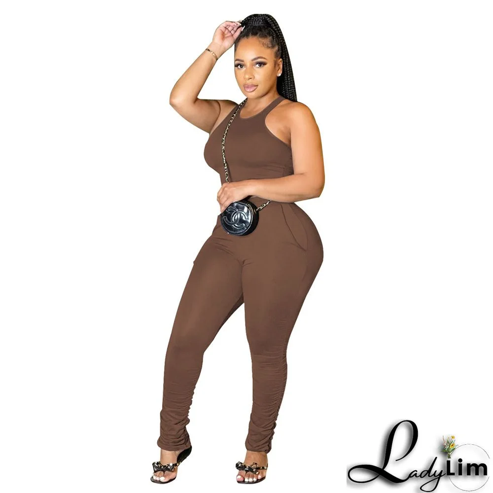 Women's Pile Pants Sleeveless Pencil Pants Sportswear Two-Piece Set