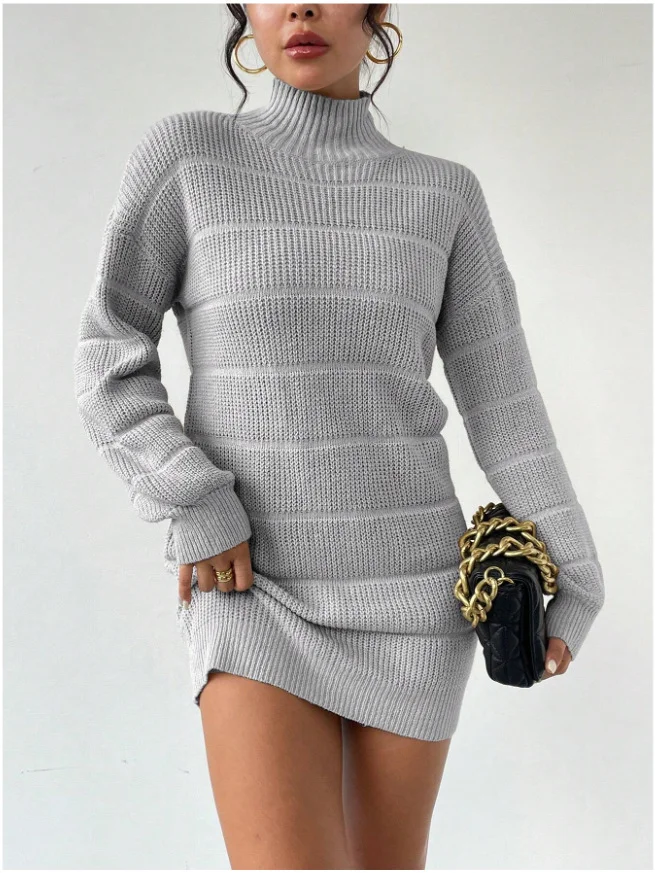 Nigikala Nigikala And Winter Half-High Collar Knitted Dress Women's Fashion Pure Color Sexy Bag Ass Skirt