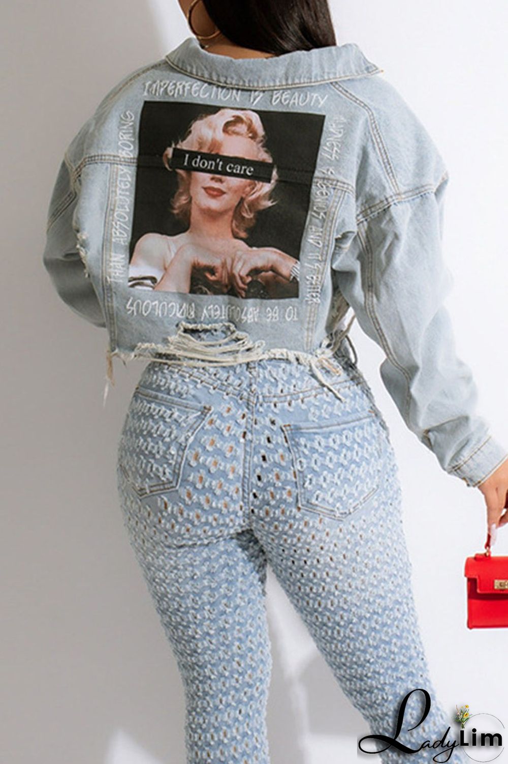 Black Yellow Street Print Make Old Patchwork Buckle Turndown Collar Long Sleeve Straight Denim Jacket