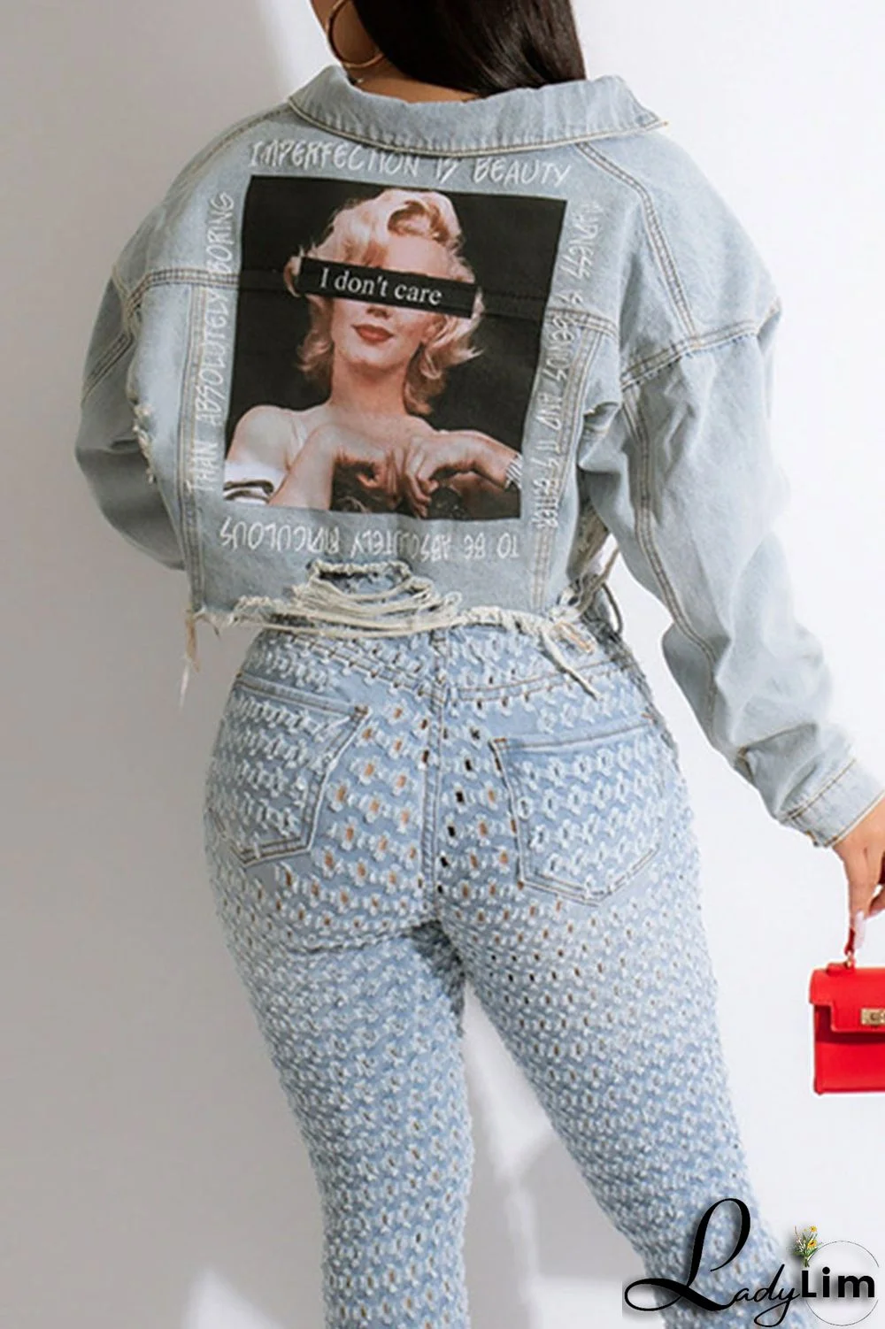 Black Yellow Street Print Make Old Patchwork Buckle Turndown Collar Long Sleeve Straight Denim Jacket